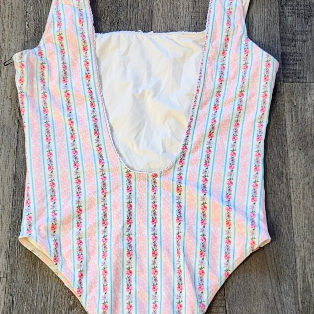 Frankie's Bikinis White One-Piece with Pink and Light Blue Floral Stripes